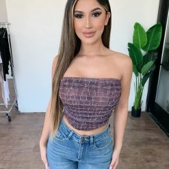 Tic Toc Tops Ava Crocodile Print Tube Top(Brown)