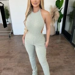 Emory Park Edith Halter Jumpsuit(Sage) Dresses/Rompers