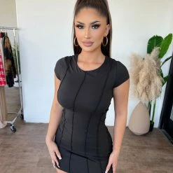 Better Be Dresses/Rompers Lindsey Short Sleeve Open Back Dress(Black)