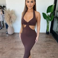 La Luxe Dresses/Rompers Kim Halter Dress(Chocolate)