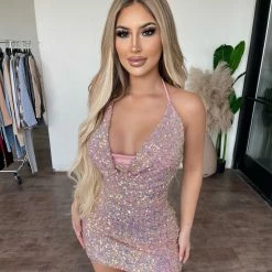 BLANC Dresses/Rompers Jenna Halter Sequence Dress(Peach)