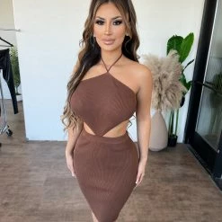 Better Be Shelly Halter Ribbed Dress(Brown) Dresses/Rompers
