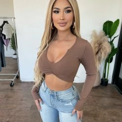 ANWND Tops Polly Long Sleeve Deep Slit Neck Top(Ash)