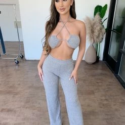 Salty Kimberly Halter Flowy Pants Set(Grey) Tops