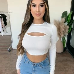 Cotton Candy Tops Joyce Key Hole Long Sleeve Top(White)