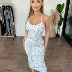 New Pink Monica Halter Ribbed Floral Dress(White Blue Floral) Dresses/Rompers