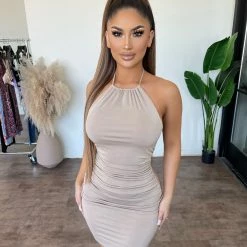 Sabora Lacey Halter Dress(Biege) Dresses/Rompers