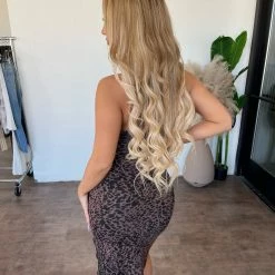 New Pink Dresses/Rompers Amber Halter Leopard Print Lace Dress(Brown Leopard)