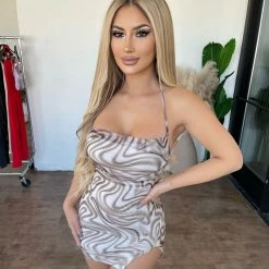 New Pink Dresses/Rompers Rosie Halter Mesh Mini Dress(Brown Swirl)