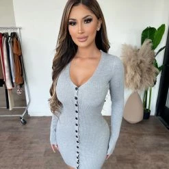 Feel In Harper Button Dress(Heather Grey) Dresses/Rompers