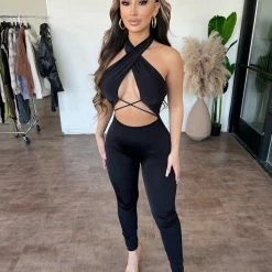La Luxe Freya Halter Jumpsuit(Black) Tops