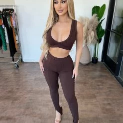 La Luxe Ciara Ribbed Pants (Chocolate) Tops