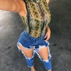 Salty Lydia Snake Print Bodysuit(Green)(final Sale) Tops