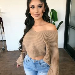 Hey Babe Sasha Sweater Top(Tan)(FINAL SALE)