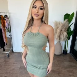 IJoah Bonnie Halter Ribbed Dress(Sage) Dresses/Rompers