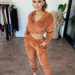Bijou Tops Yolanda Waffle Fluffy Zipper Set(Terracotta)