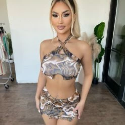 New Pink Tops Melissa Halter Skirt Set(Brown Print)