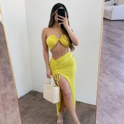 La Luxe Kelly Halter Skirt Set(Lime) Tops