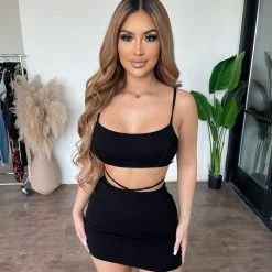 La Luxe Kimberly Cami Cropped Top Skirt Set (Black)