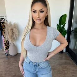 HOT & DELICIOUS Gia Short Sleeve Bodysuit(Heather Grey) Tops