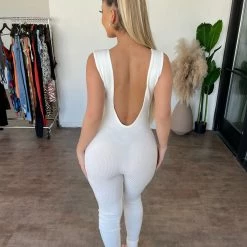 Pretty Knit Dresses/Rompers Elsy Open Back Ribbed Jumpsuit(White)Final Sale