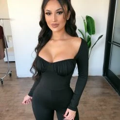 Hey Babe Ellie Long Sleeve Romper(Black) Tops