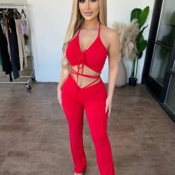 O.Vianca Adele Cami Flare Pants Set(Red) Tops