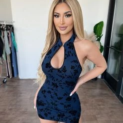 New Pink Nita Halter Floral Dress(Navy)