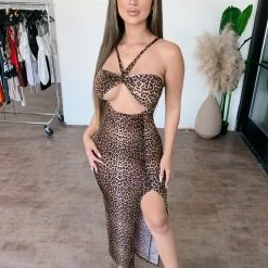 La Luxe Kimberly Halter Leopard Print Dress