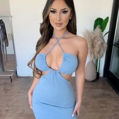 La Luxe Shelby Halter Dress(Ashley Blue) Dresses/Rompers
