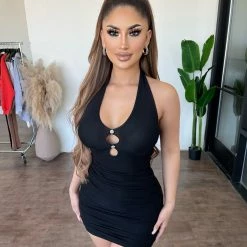 BLANC Deja Halter Dress(Black) Dresses/Rompers