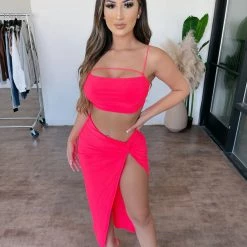 Win Win Tops Emily Cami Skirt Set(Coral Neon)