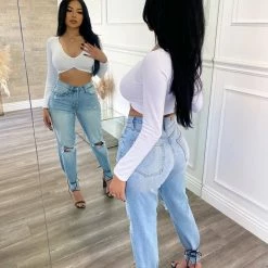 ANWND Polly Long Sleeve Deep Slit Neck Top(White)Final Sale