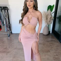 La Luxe Kelly Halter Skirt Set(Blush) Tops