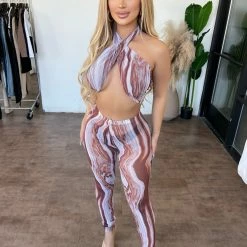 HOT & DELICIOUS Nelly Halter Pants Mesh Set(Brown)