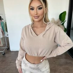 Mono B Tops Brady Cropped Hoodie Top(Stone)