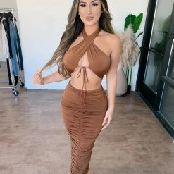 La Luxe Kesha Halter Skirt Set(Cognac) Tops
