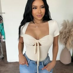 Bear Dance Tops Carissa Short Sleeve Bodysuit(Cream)Final Sale