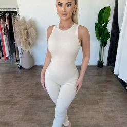 La Luxe Sonia Ribbed Jumpsuit(Cream)Final Sale Dresses/Rompers