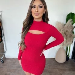 Junie Leah Long Sleeve Key Hole Dress(Red)