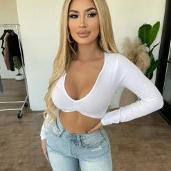 ANWND Polly Long Sleeve Deep Slit Neck Top(White)Final Sale