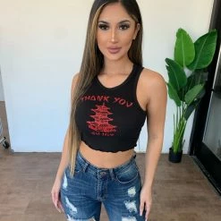 Junie Mandy Tank Crop Top(Black/Red) Tops