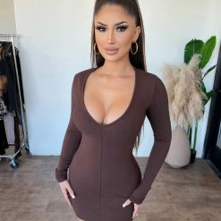 La Luxe Dresses/Rompers Charley Long Sleeve V-Neck Dress(Chocolate)
