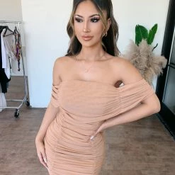 Woven Pink Dresses/Rompers Rebecca Off Shoulder Dress(Mocha)