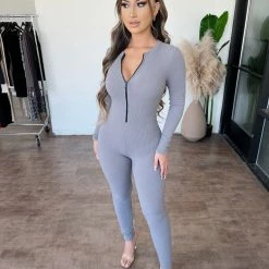 Junie Kathleen Long Sleeve Jumpsuit(Dark Grey)