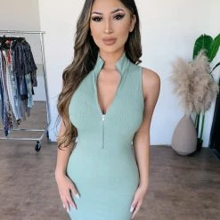 Junie Grace Sleeveless Zipper Dress(Sage) Dresses/Rompers