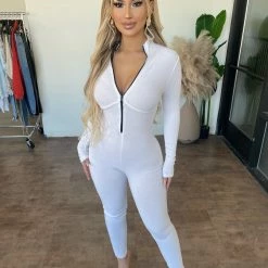 Junie Angie Ribbed Zipper Jumpsuit(Off-White) Bottoms