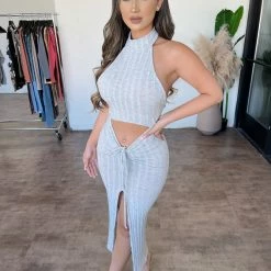 Junie Jules Halter Knit Dress(Light Grey) Dresses/Rompers