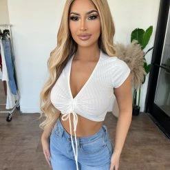 CEFIAN Reese Short Sleeve V-Neck Top(Ivory) Tops