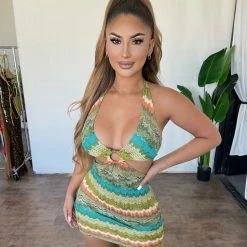 La Luxe Regina Dress(Green/Blue/Orange Multi)